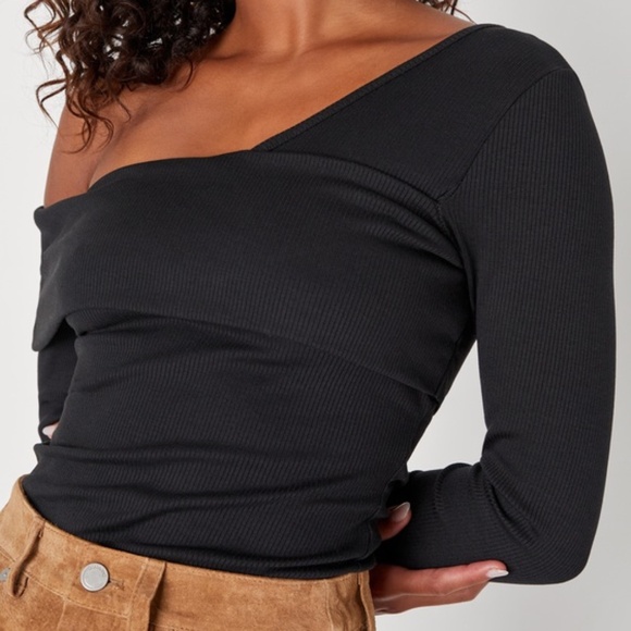 Lulus My Charming Ways Black Ribbed One-shoulder Top - Size S - Picture 1 of 6